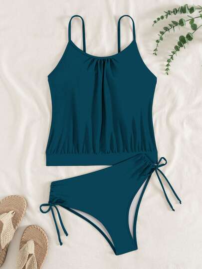 Swim Lushoire Women's Summer Beach Solid Color Camisole Tankini Swimwear Set