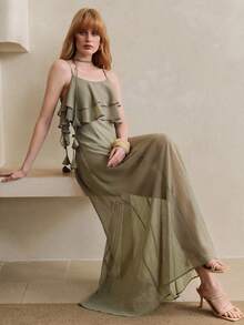 Arave 女士编织细肩带系带荷叶边下摆休闲度假优雅约会连衣裙，夏季 - 0.霧綠 - 查看 3