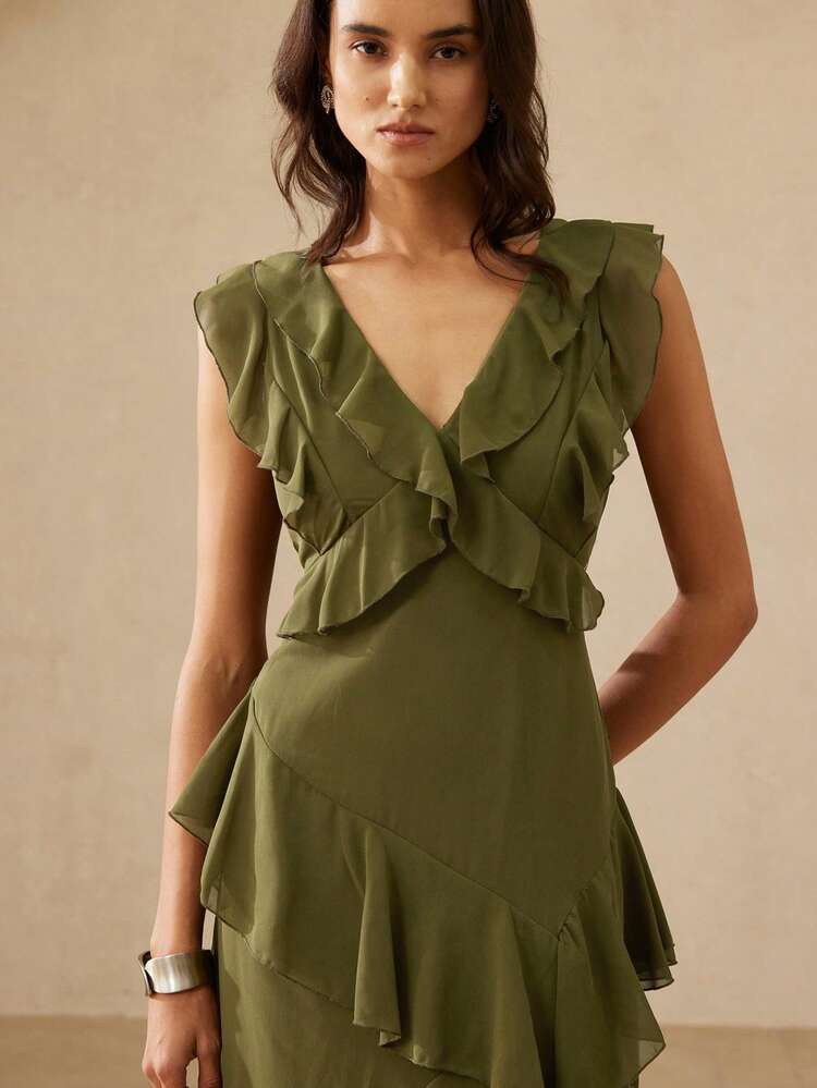 Aveloria Rosie Vestido elegante y de alta gama, ligero y lujoso de gasa verde oliva con cuello en V profundo, volantes en los hombros, cintura ceñida, múltiples volantes en el bajo, versátil para fiestas y resorts sofisticados para mujeres - Verde militar - Añade 3