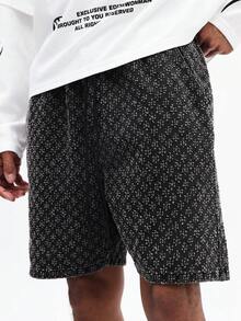 SUMWON Men's Textured Denim Shorts With All Over Print Pattern Casual Summer Relaxed Fit Above Knee Length Street Style Bottoms - Black - View 5