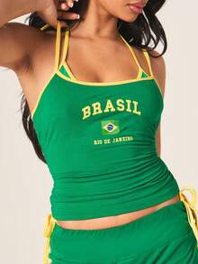 MISSGUIDED 巴西绿吊带背心，印有国旗图案和里约热内卢字样，无袖夏季背心 - 綠色 - 查看 4
