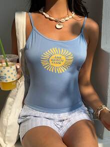 INAWLY Camiseta de tirantes corta y ajustada con estampado de letras de sol, estilo casual de vacaciones y uso diario, verano - Azul - Ver 6