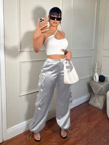 SHEIN SXY Pantalones cargo de twill de moda callejera con bolsillos 3D para mujeres - Plateado - Ver 5