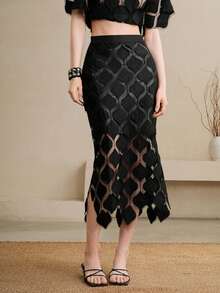 Arave 女士蕾丝高腰修身不对称下摆蕾丝半身裙，优雅约会之选 - 黑色 - 查看 1