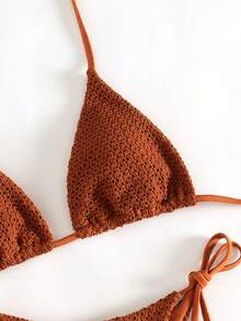 Swim Vcay 2026 Spring/Summer Spaghetti Strap Halter Orange Grid Side High Cut Women's Thong Panty, Semi-Sheer Bikini Swimwear Set, Suitable For Beach Photography - Orange - View 3