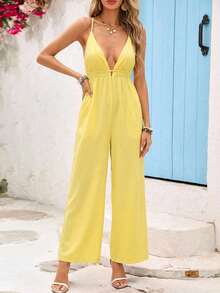 Vivid Eden 女士度假休闲纯色露背吊带连体裤，波西米亚风印花无袖连体裤，休闲度假装，春夏，女士春季服装，夏季连衣裙，女士夏季服装，夏季穿搭，夏季度假装，波西米亚风连体裤，阔腿连体裤，波西米亚风夏季连体裤，印花连体裤，黄色连体裤，女士黄色度假连体裤，女士黄色连体裤，黄色夏季连体裤，黄色沙滩连体裤 - 鵝黃色 - 查看 9