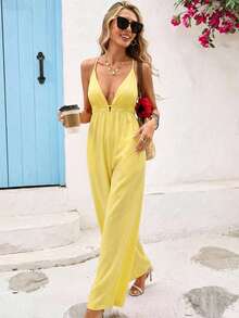 Vivid Eden 女士度假休闲纯色露背吊带连体裤，波西米亚风印花无袖连体裤，休闲度假装，春夏，女士春季服装，夏季连衣裙，女士夏季服装，夏季穿搭，夏季度假装，波西米亚风连体裤，阔腿连体裤，波西米亚风夏季连体裤，印花连体裤，黄色连体裤，女士黄色度假连体裤，女士黄色连体裤，黄色夏季连体裤，黄色沙滩连体裤 - 鵝黃色 - 查看 1