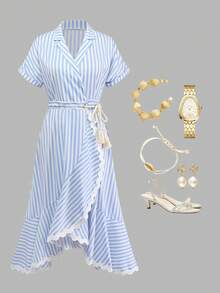 GlowEve Women's Blue & White Striped Waist Tie Irregular Hem A-Line Dress, Charming Elegant Everyday Commute Vacation Fashion Date French Street Retro Versatile Spring Summer Blue White New Mid-Length Short Sleeve Shirt Dress - Multicolor - View 3