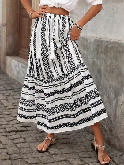 Brillora Women's Elastic Waist Floral Print Casual Elegant Romantic Vacation Beach Daily Skirt, Women's Black Skirt & Women's White Skirt