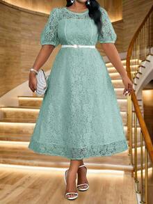 Fleurora 春夏优雅通勤办公派对情人节鸡尾酒会音乐会/音乐节白色针织蕾丝圆领喇叭泡泡袖荷叶边中长短袖大码连衣裙 - 薄荷藍 - 查看 3