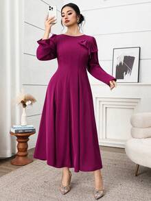 Feyla Plus Size Women's Solid Color Round Neck Long Sleeve Bow Decor Elegant Dress - Burgundy - View 6