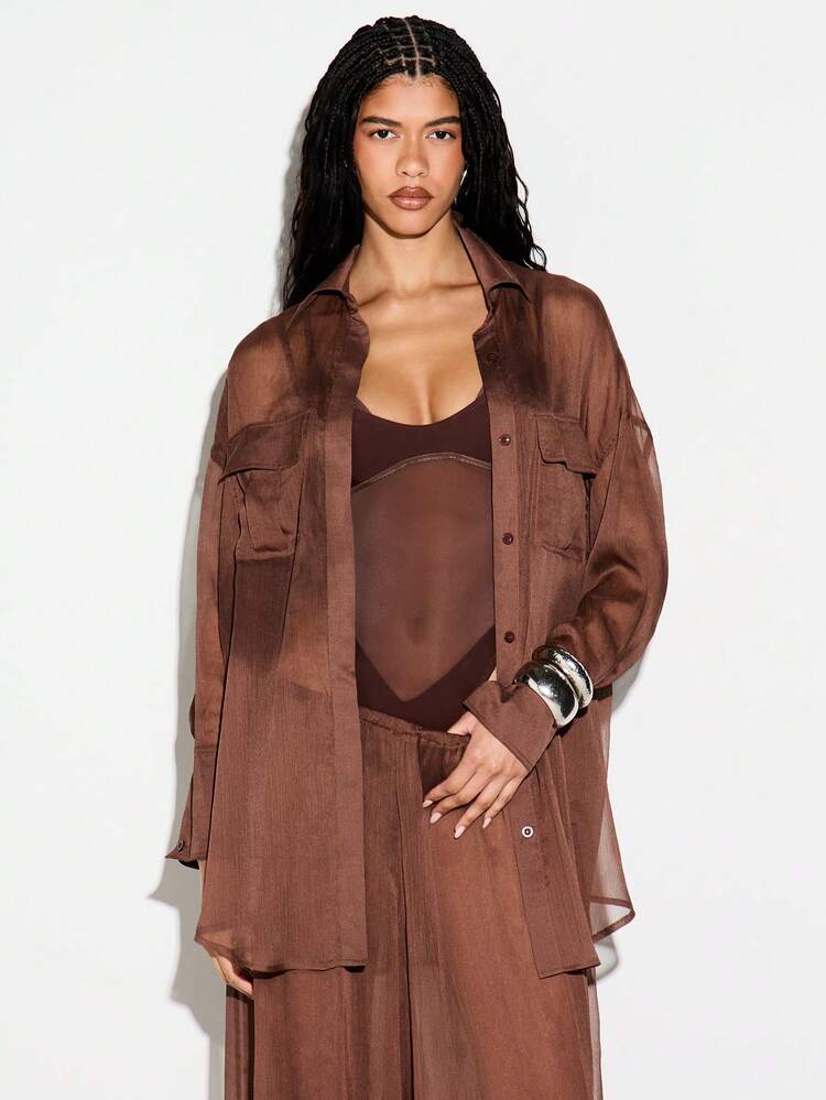 KIZN Oversized Chiffon Utility Shirt With Long Sleeves
