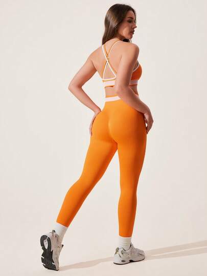 Core Rhythm Sömlös stickad orange & vit kontrastfärgad sportset för kvinnor, lämplig för yoga, fitness, träningskläder