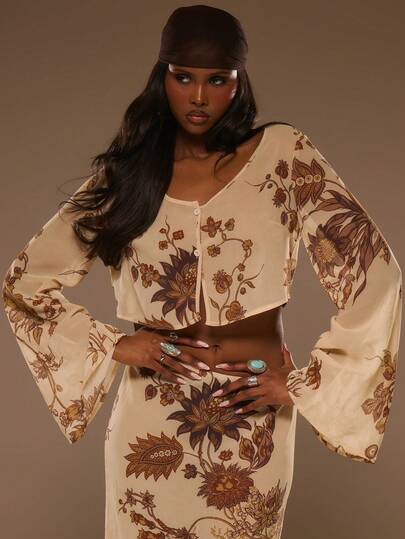 MUSERA Floral Print Chiffon Scoop Neck Button Through Cropped Long Sleeve Top Spring Summer Vacation Beach Elegant Ibiza Festival Holiday Tajine