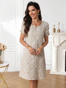 Miaspire Women's Summer Dress With Notched V-Neck And Short Sleeves - Khaki - View 5