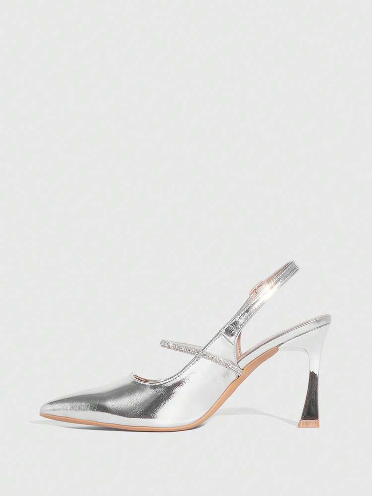 CUCCOO SZL Women's Silver Elegant Pointed Toe High Heel Pumps, Rhinestone Decor Pyramid Heel Sexy High Heels, Alluring Party Ankle Strap Stilettos, Suitable For Office, Outdoor, Wedding, Banquet, Party, Spring, Easter Spring Shoes