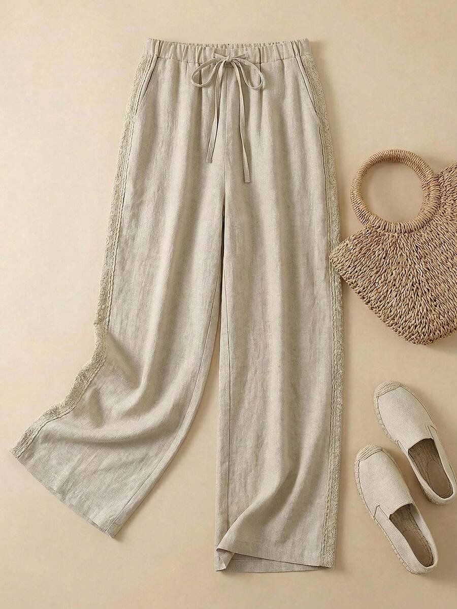 Rusticease Women's Casual Beach Vacation Style Drawstring Waist Contrast Lace Loose Wide Leg Pants - Khaki - View 1