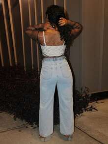 Steph T 透明鱼网金属上衣，女士派对透明落肩圆领常规版型黑色纯色女式上衣，春夏，派对/夜总会服装 - 黑色 - 查看 2