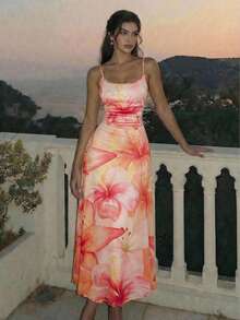 SHEIN MOD 腰部褶皱印花飘逸连衣裙 - 彩色 - 查看 8