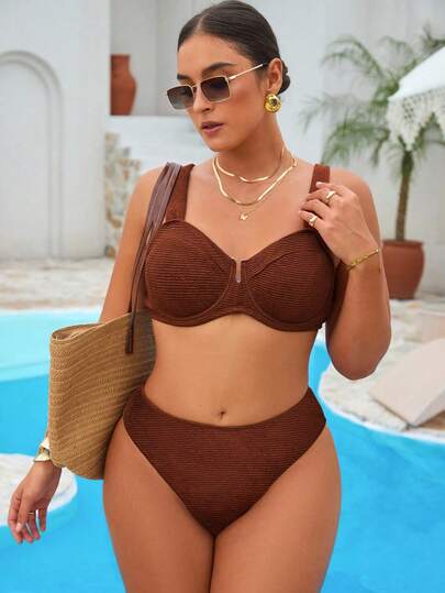 Swim Vcay Conjunto de bikini de talla grande en color café hecho de tela especial