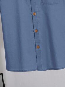 SHEIN Tween Boy Casual Loose Comfortable Contrast Color Button-Down Short Sleeve Shirt - Dusty Blue - View 5