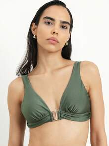 KSTM Áo bikini cổ chữ V cho nữ với chi tiết khóa kim loại và thiết kế buộc dây phía sau, đồ bơi mùa hè, vật dụng cần thiết cho kỳ nghỉ đi biển, hồ bơi. - màu xanh lá - Xem 4