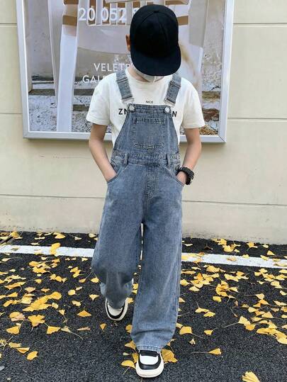 SHEIN Tween Boy Fashion Casual Vintage Cool Street Based Blue Denim Overalls For Kids Clothes Tween Boy Dailywear And Kids Spring To Summer Rave Outfits Festival And Outfits Streetwear Clothes