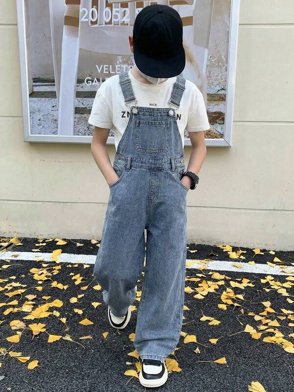 SHEIN Tween Boy Fashion Casual Vintage Cool Street Based Blue Denim Overalls For Kids Clothes Tween Boy Dailywear And Kids Spring To Summer Rave Outfits Festival And Outfits Streetwear Clothes