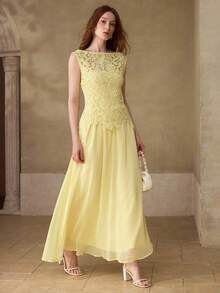 MOTF PREMIUM WOMEN'S LACE PATCHWORK FLOWING LONG DRESS - Yellow - View 2