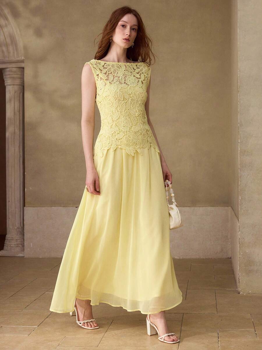 MOTF PREMIUM WOMEN'S LACE PATCHWORK FLOWING LONG DRESS - Yellow - View 2