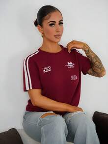 SAYEHFBABY Camiseta casual de mujer de manga corta para verano con estampado de letra de estilo motocicleta y decoración a rayas, ropa de otoño - Burdeos - Ver 6