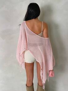 SHEIN Spring/Summer Off Shoulder Pink Ladies Sweater Elegant Hollow-Out Ladies Sweater - Pink - View 2