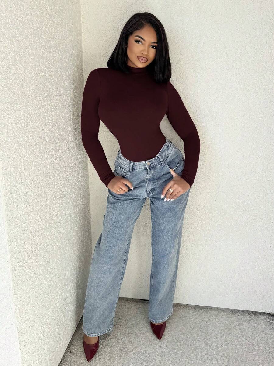 Alexandranx Women's Sexy Hollow Out Long Sleeve Bodysuit - Maroon - View 1