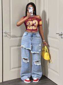 Slaydiva Quần jeans nữ dáng suông, phong cách thường ngày, bạc màu và rách. - Rửa nhẹ - Xem 6