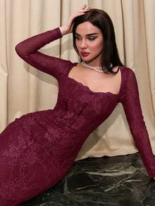 Bris Aura 女士新款秋冬派对/约会/宴会性感S型蕾丝长袖罩杯束腰领修身及地长裙，女士夏季连衣裙，茶会礼服 - 酒紅色 - 查看 6