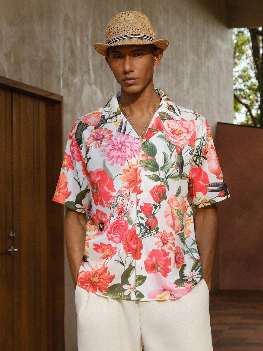 AKNOTIC Business Casual 男士白色花卉圖案寬鬆落肩休閒襯衫，夏季波希米亞度假風夏威夷鈕扣式扶桑花熱帶度假穿搭