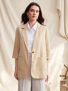 Zovinel Women's Casual Linen Blend Loose 3/4 Sleeve Big Pocket Single-Breasted Blazer - Apricot - View 3