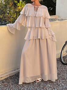 Livesso Bộ đồ nữ thường ngày gồm áo và chân váy cổ bèo nhún. - Màu be - Xem 1