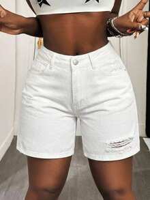Slaydiva Casual Solid Color Distressed Multi-Pocket Denim Shorts - White - View 7