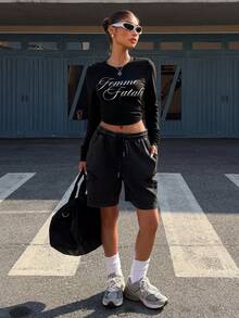 Muchica Quần short ống rộng màu đen dệt kim dành cho nữ - màu đen - Xem 5