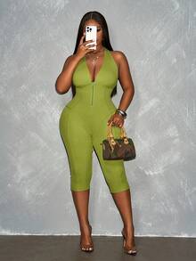 Slaydiva Bộ jumpsuit nữ cỡ lớn màu xanh bơ mới, không tay, cổ yếm buộc dây, cổ chữ V sâu, thiết kế khoét một phần, chất liệu vải dệt kim co giãn cao, dành cho mùa xuân/hè. - màu xanh lá - Xem 2