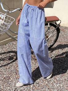DAZY Women's Casual Striped Elastic Waist Wide Leg Pants, Spring/Summer - Blue - View 3