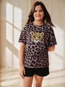 Anewsta 女孩可爱眼镜豹纹印花休闲街头风酷女孩T恤，夏季 - 灰色 - 查看 6