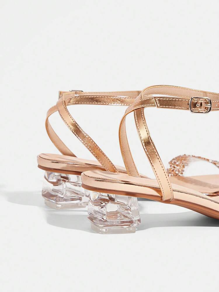 CUCCOO TILAWA Fashionable Transparent Asymmetric Thick Heel Women's Rhinestone Decor Bare Strap Sandals, Square Toe Glossy High Heel Sandals, Comfortable Heel Type Party & Daily Wear Women Sandals Summer Shoes