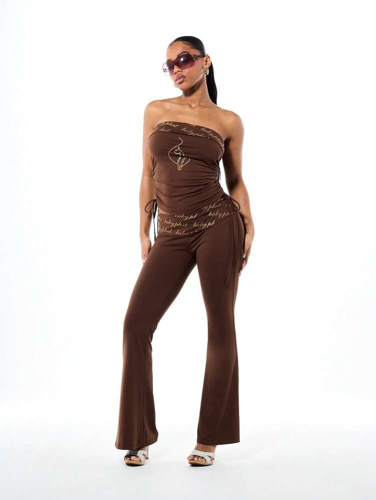 BABYPHAT Calça Legging Flare com Cintura Alta Dobrada, Estampa de Roteiro e Detalhes de Amarração