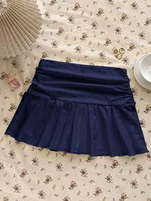 Teen Girls Navy Blue Knit Casual Versatile Hollow Textured Ruched A-Line Mini Skirt, Suitable For Summer - Navy Blue - View 2