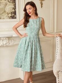 Vintamour 复古经典优雅女士连衣裙，春夏修身提花连衣裙，船领无袖直筒连衣裙，绿色 - 綠色 - 查看 7