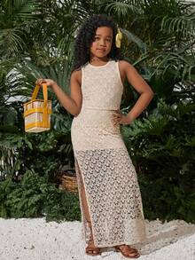 Conjunto de 2 piezas de top corto de punto y ganchillo y falda con abertura para niñas preadolescentes, ideal para vacaciones, festivales de música, estilo bohemio - Beis - Ver 1