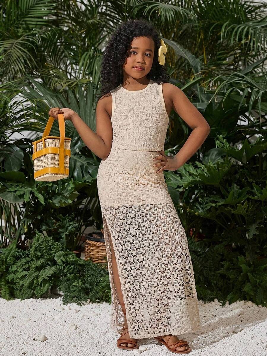 Conjunto de 2 piezas de top corto de punto y ganchillo y falda con abertura para niñas preadolescentes, ideal para vacaciones, festivales de música, estilo bohemio - Beis - Ver 1