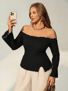 Auralis 优雅露肩喇叭袖白色撞色滚边修身套头衫，罗纹高弹力，Y2K 街头风日常穿搭，精致情人节约会T恤，大码 - 黑與白 - 查看 4